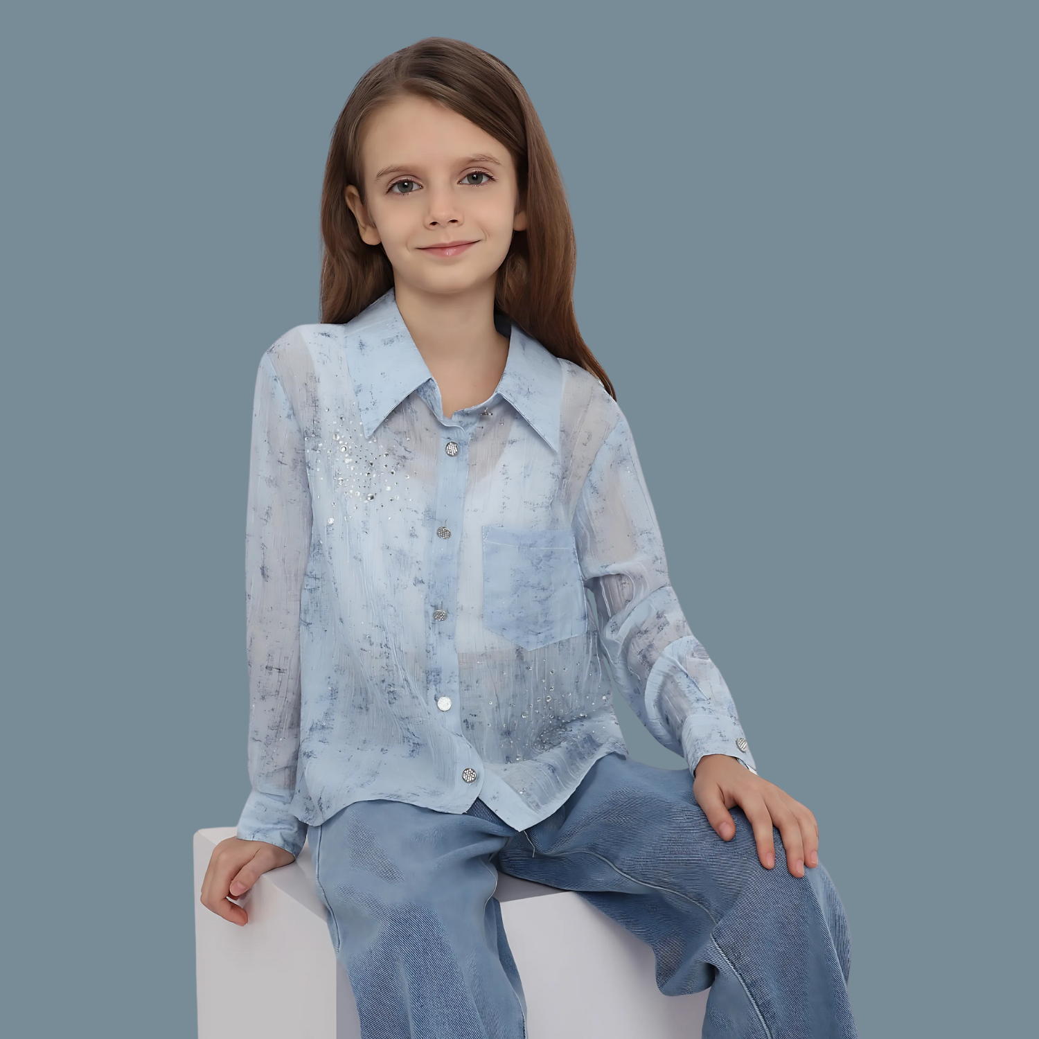 Girls Blue Slim Fit Full Sleeve Printed Shirt
