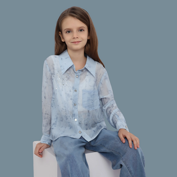 Girls Blue Slim Fit Full Sleeve Printed Shirt