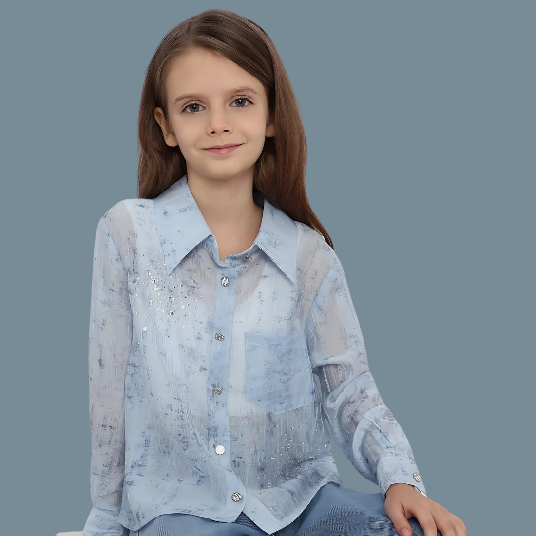 Girls Blue Slim Fit Full Sleeve Printed Shirt