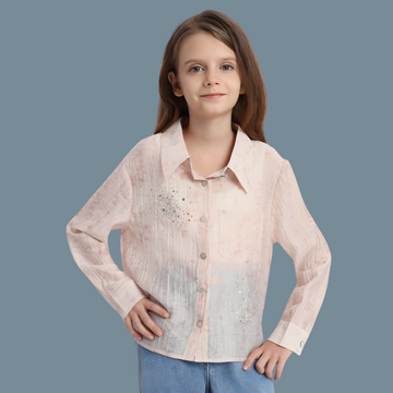 Girls Pink Slim Fit Full Sleeve Printed Shirt