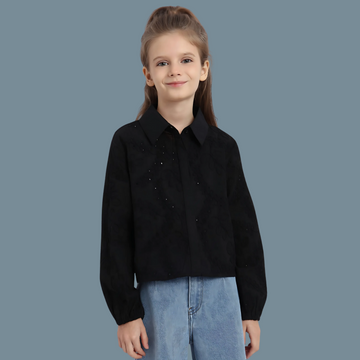 Girls Black Full Sleeves Self Design Spread Collar Shirt