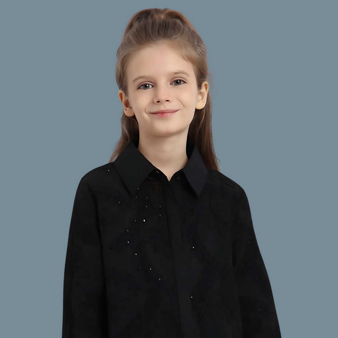 Girls Black Full Sleeves Self Design Spread Collar Shirt