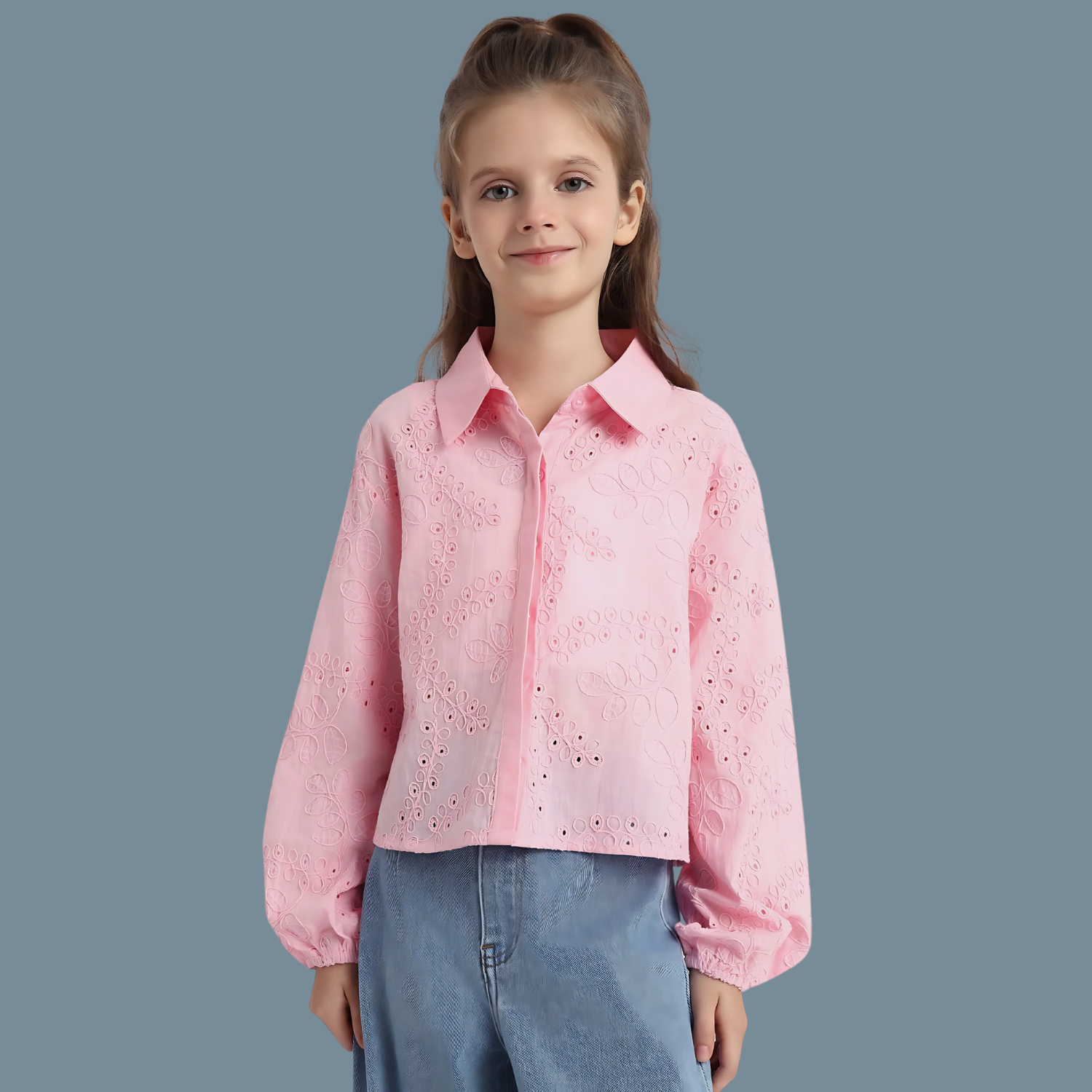 Girls Pink Full Sleeves Self Design Spread Collar Shirt