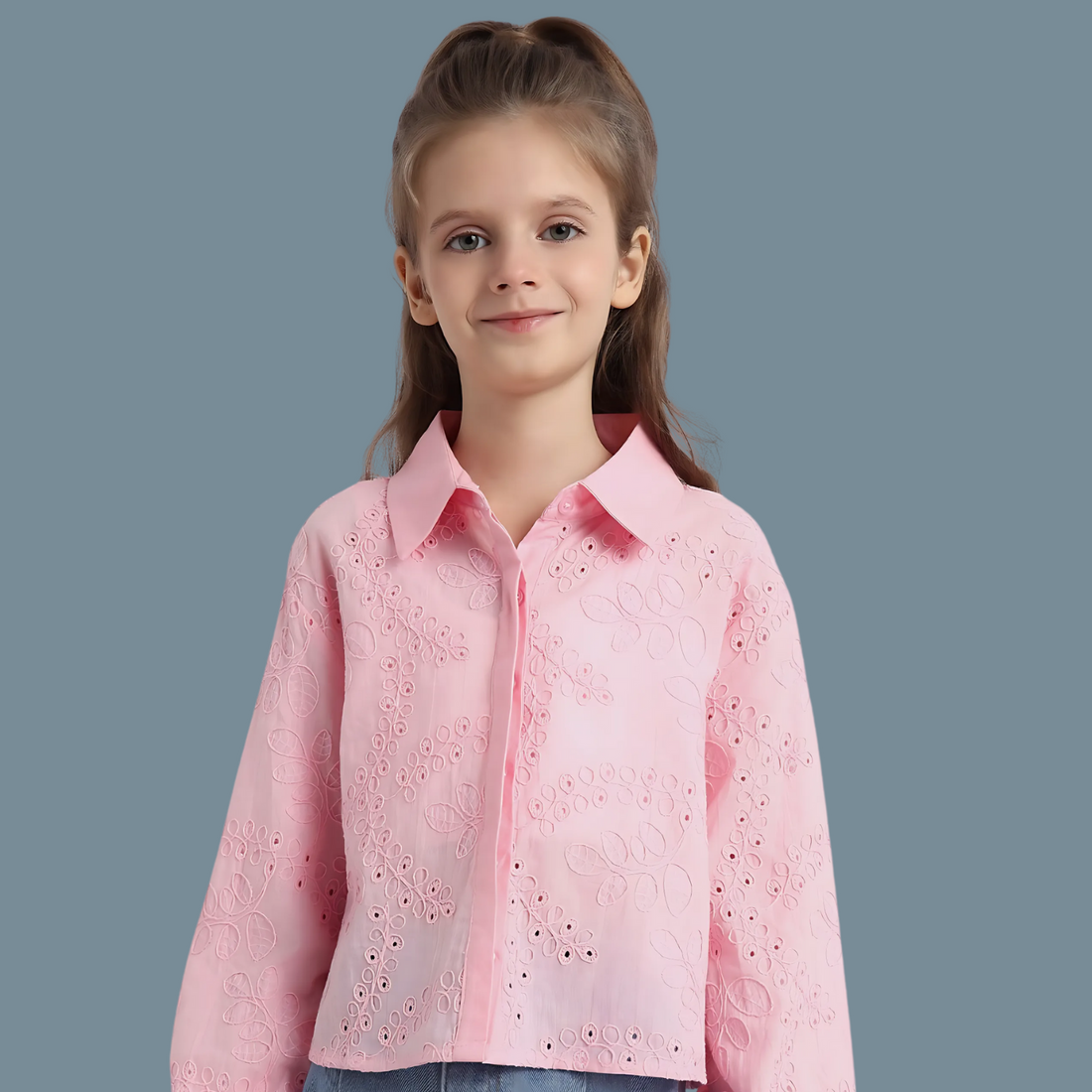 Girls Pink Full Sleeves Self Design Spread Collar Shirt
