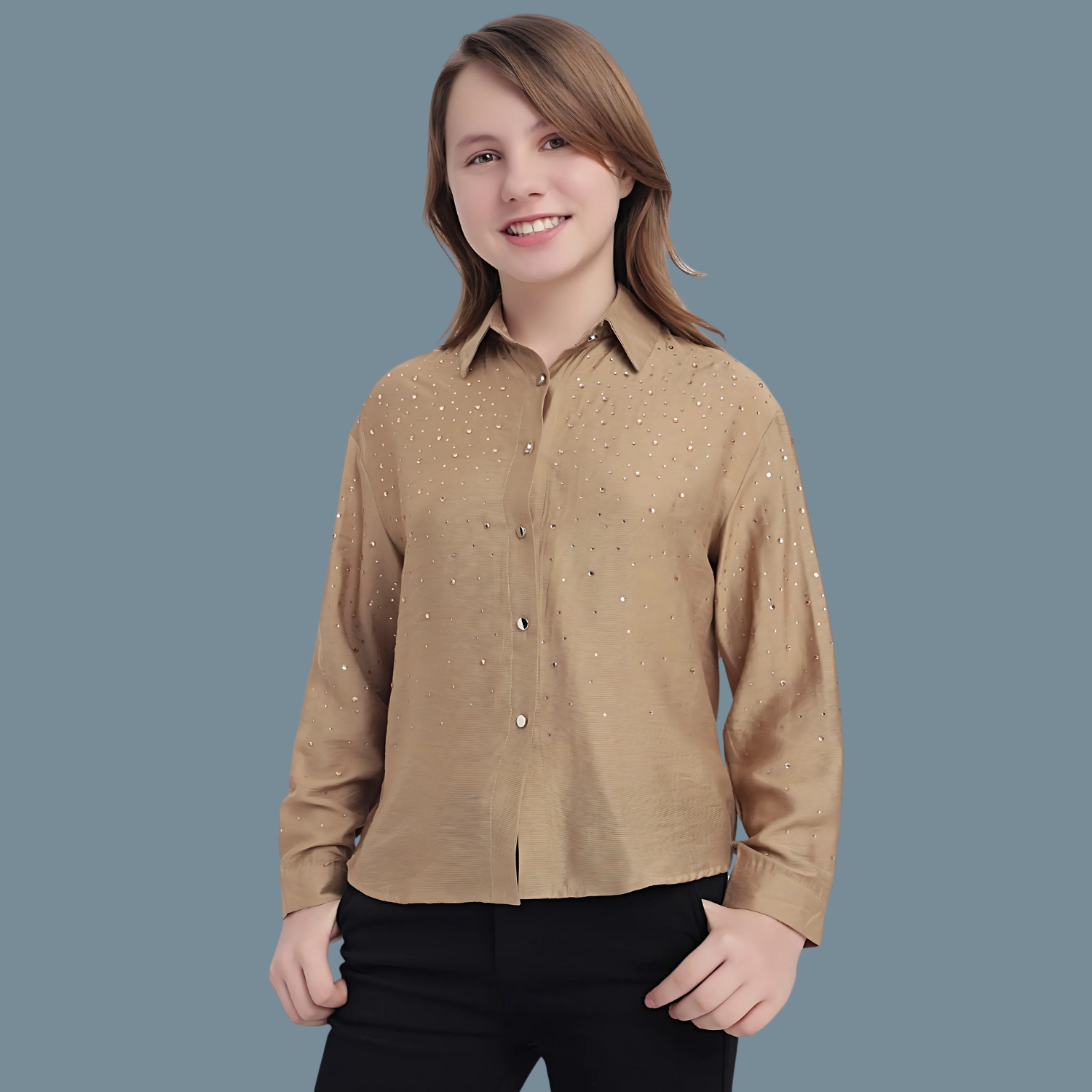 Girls Premium  Elegant Beaded Shirt Long Sleeve