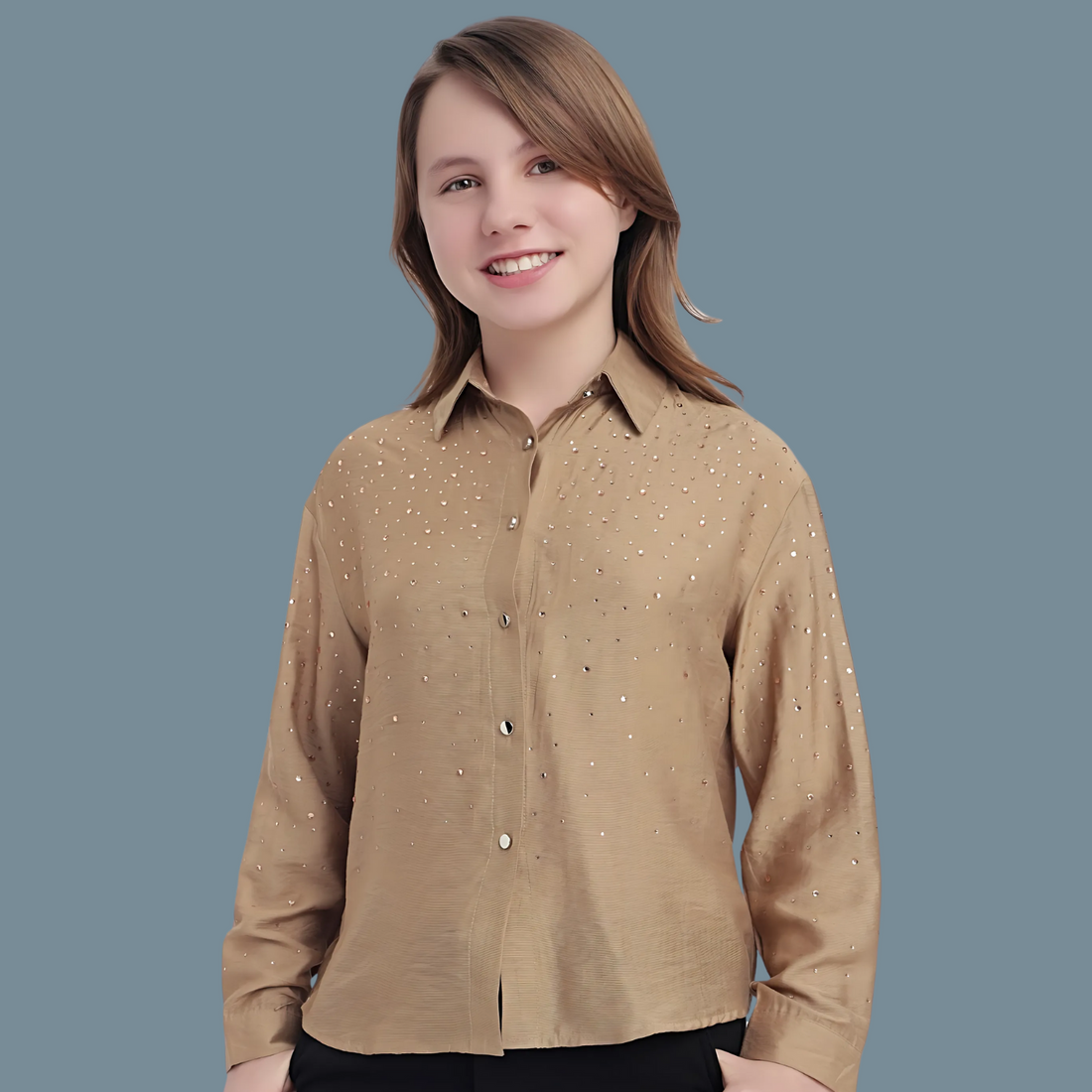 Girls Premium  Elegant Beaded Shirt Long Sleeve