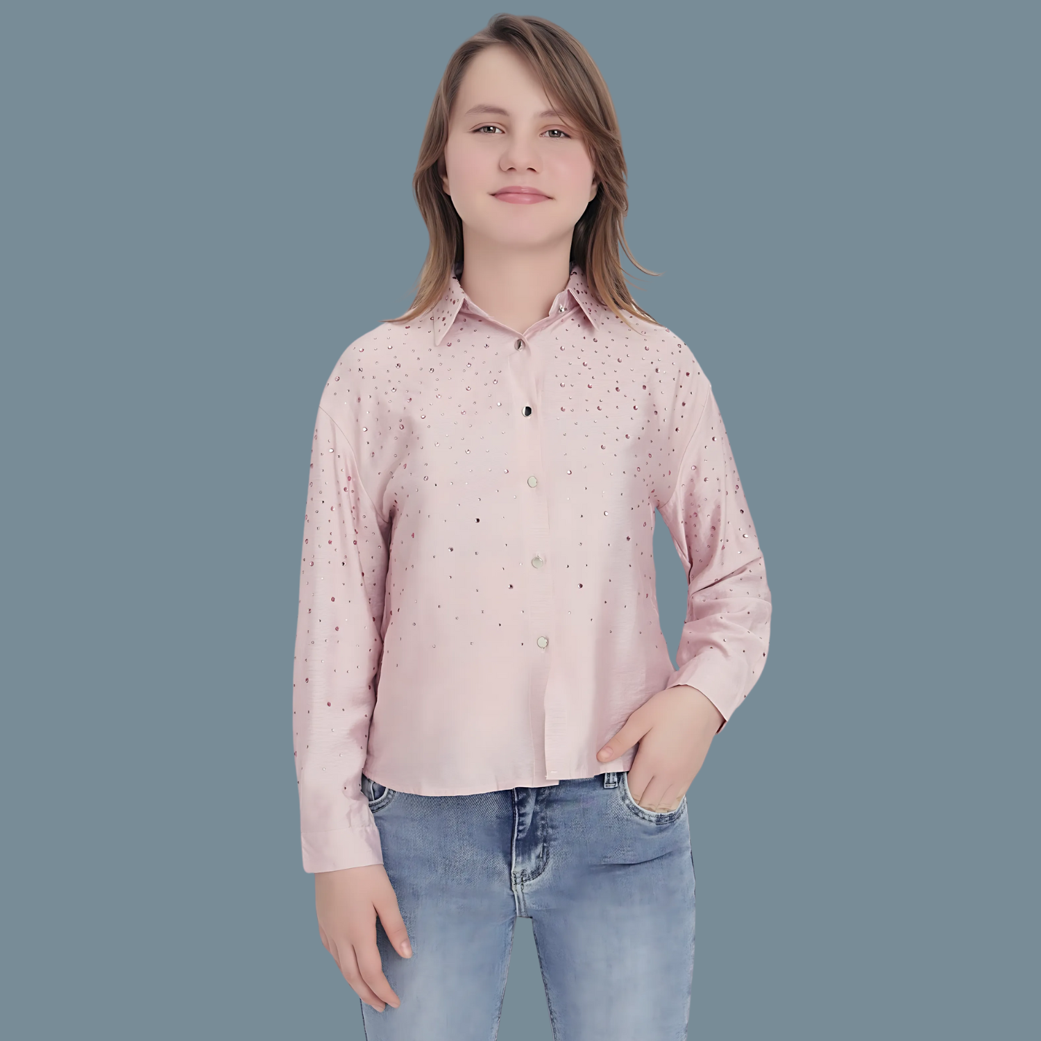 Girls Premium  Elegant Beaded Shirt Long Sleeve