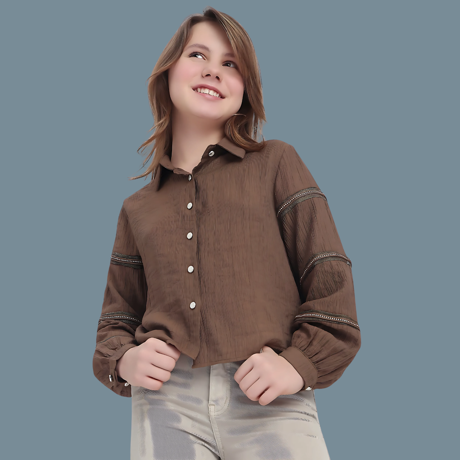 Girls Stylish Regular Fit Solid Spread Collar Shirt