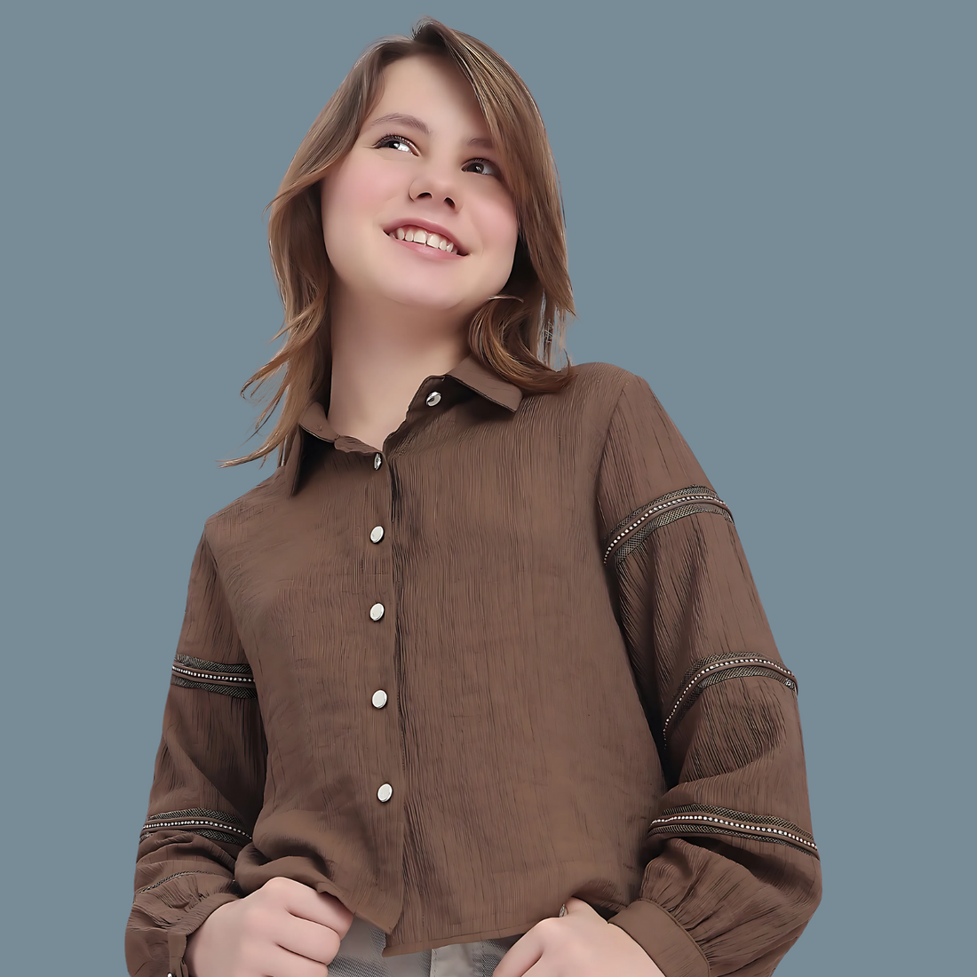 Girls Stylish Regular Fit Solid Spread Collar Shirt