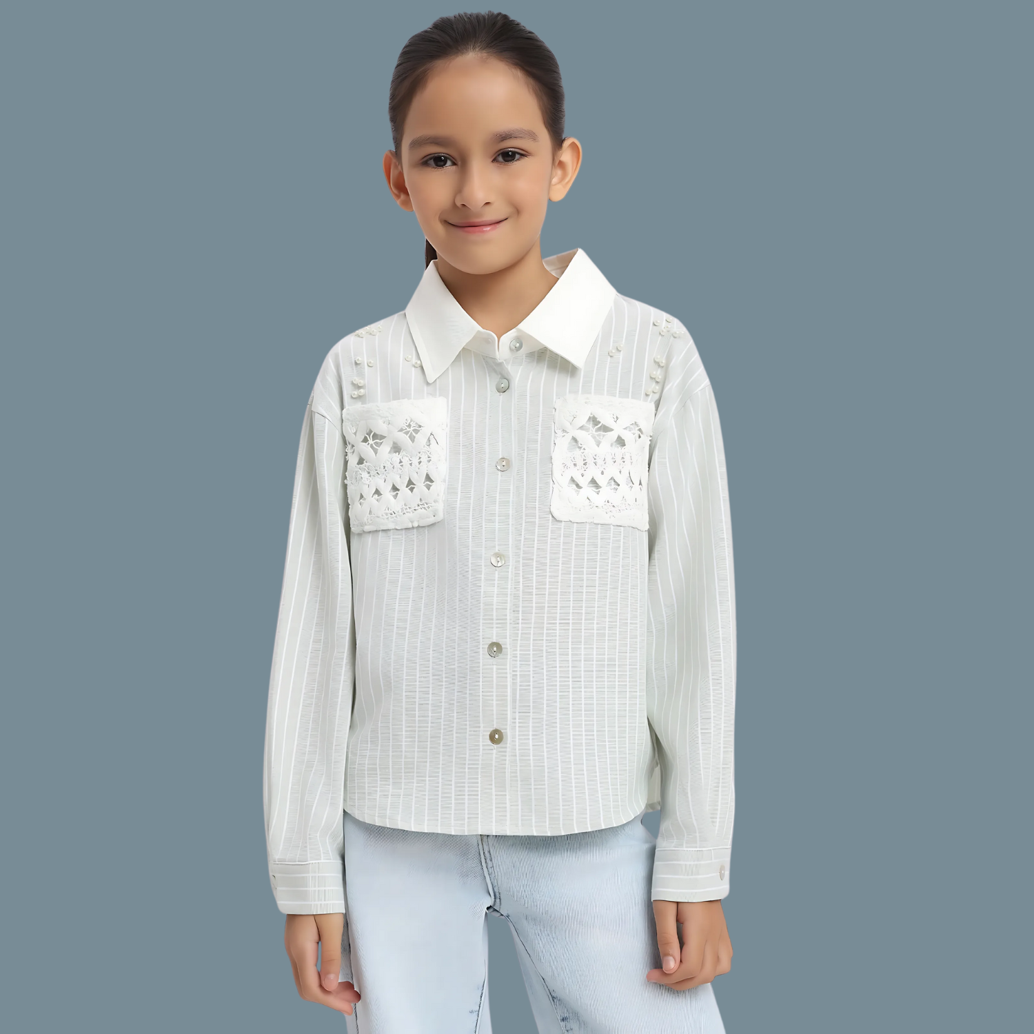 Girls Relaxed Fit Striped Collar Cotton Shirt