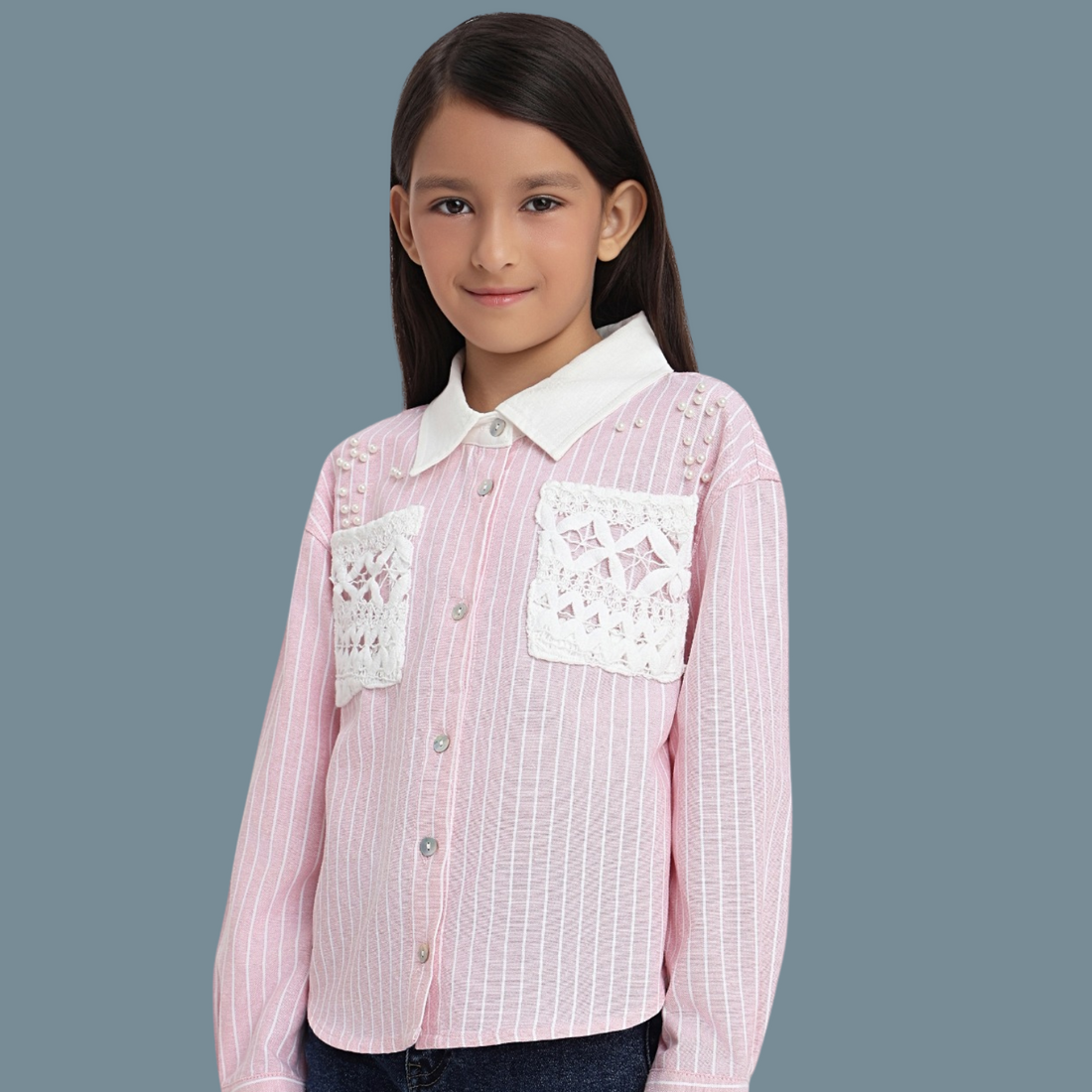 Girls Relaxed Fit Striped Collar Cotton Shirt