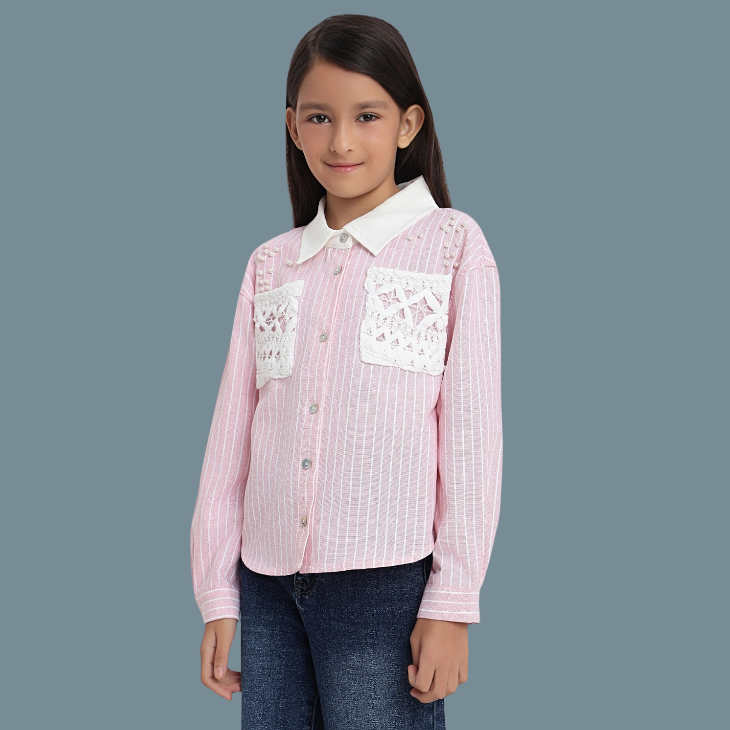 Girls Relaxed Fit Striped Collar Cotton Shirt
