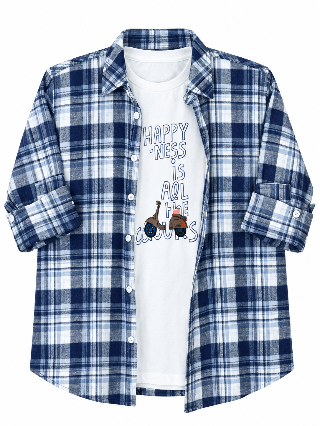 Boys Blue Plaid Shirt Jacket with Scooter Graphic T-Shirt
