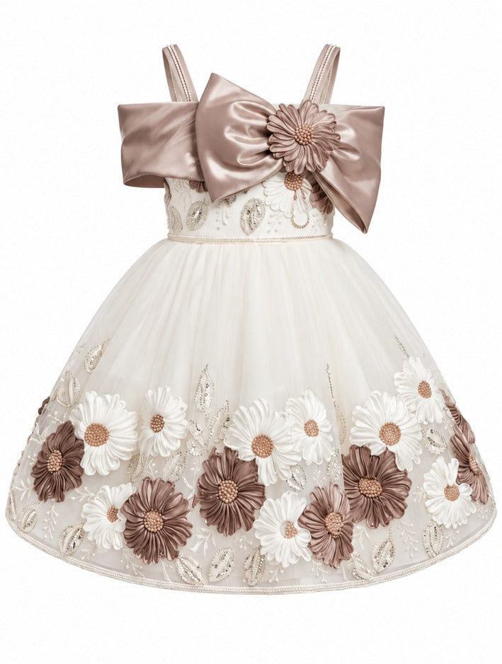 Girls Frock with Bow and Floral Hem