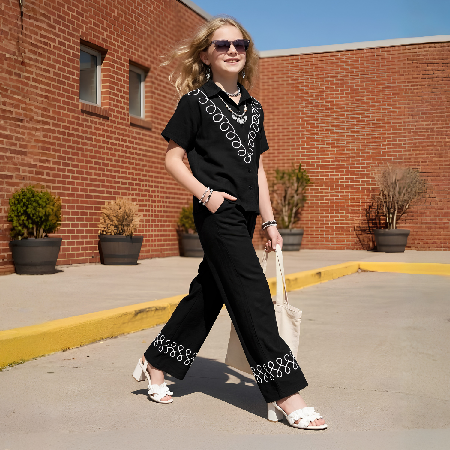 Girls black printed night suit