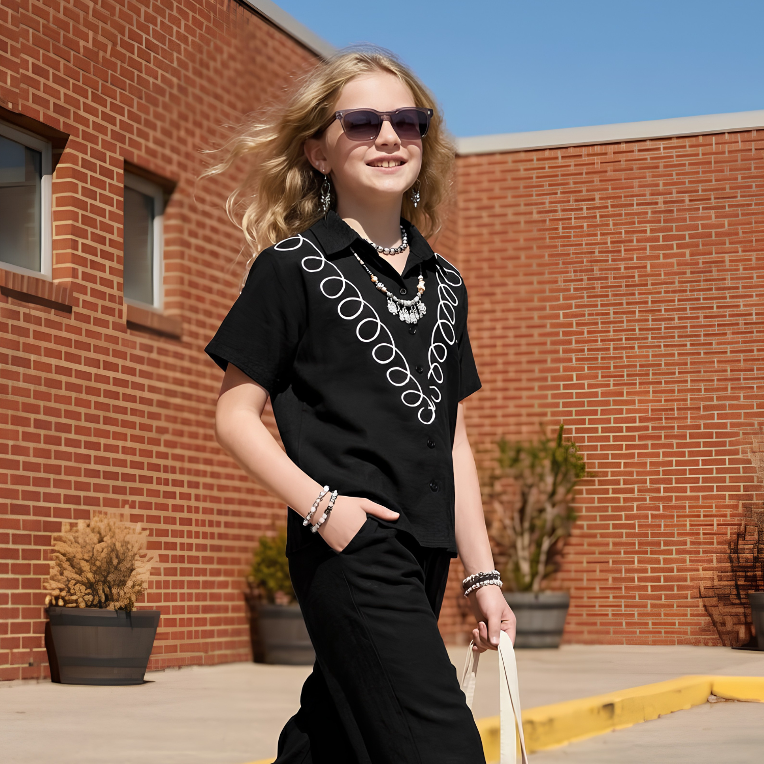 Girls black printed night suit