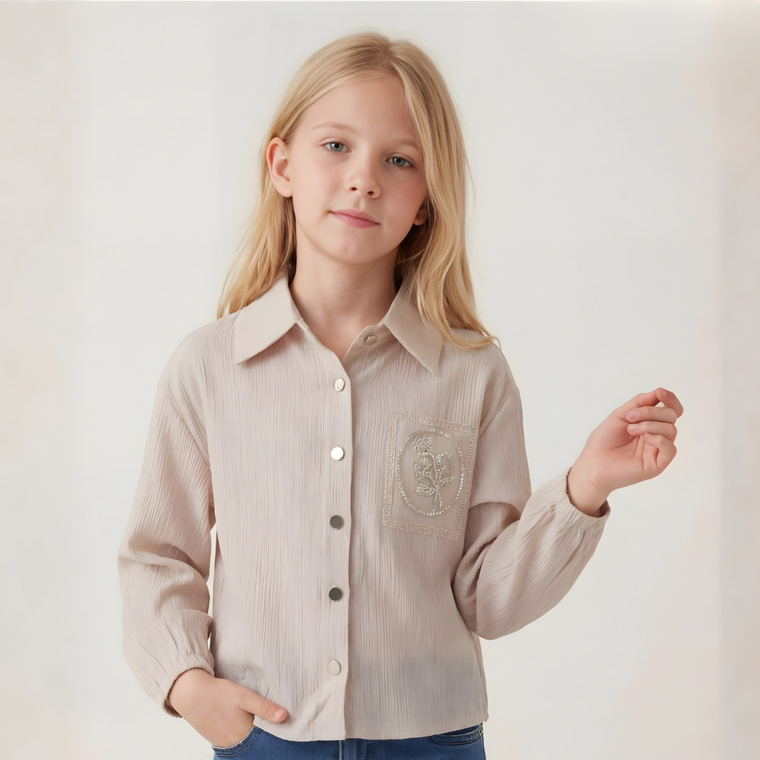 Girls Regular Fit Cream Collar Top