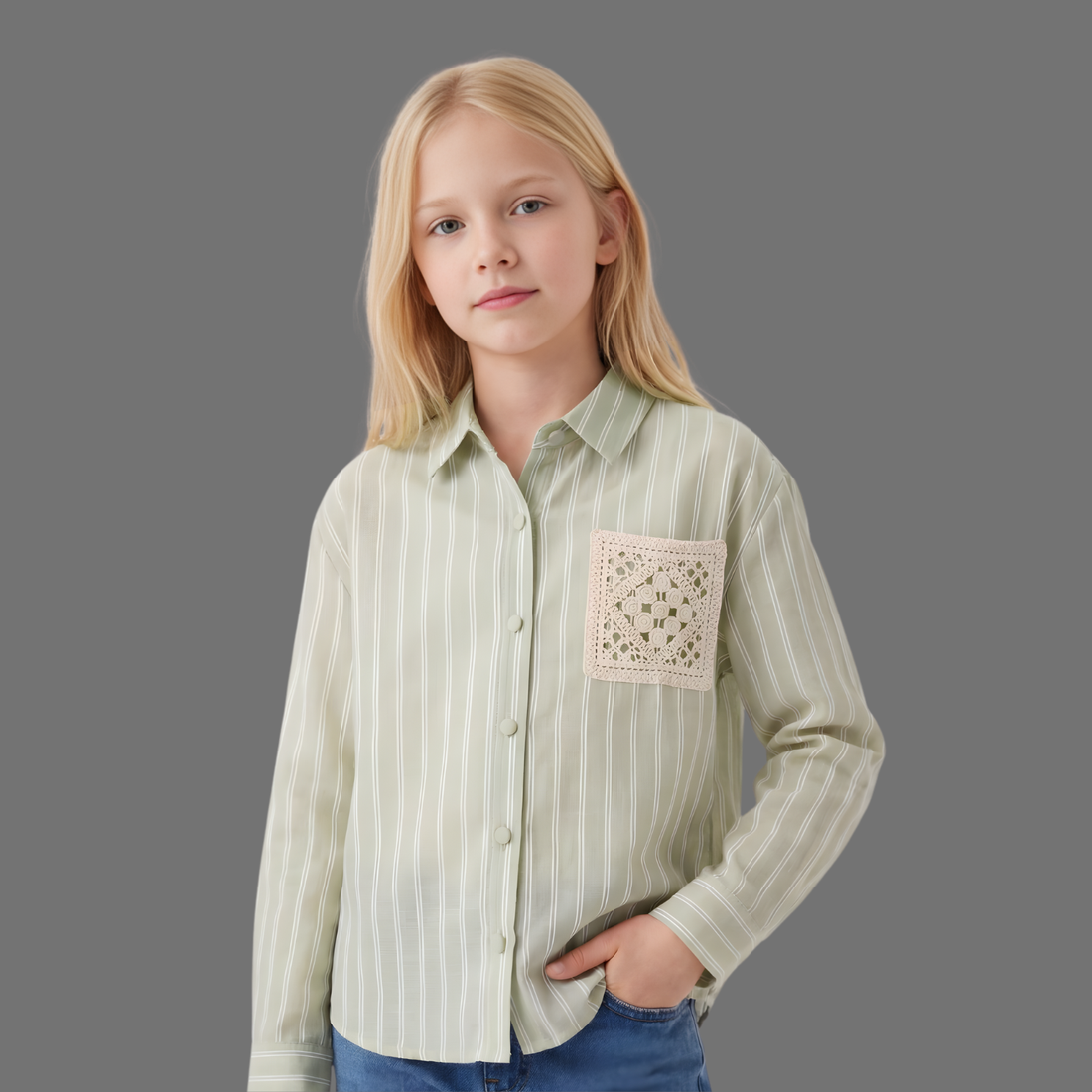 Girls Regular Fit Green Collar Casual Shirt
