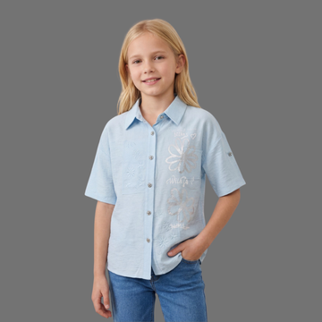 Girls Half Sleeve Blue Cotton Shirt
