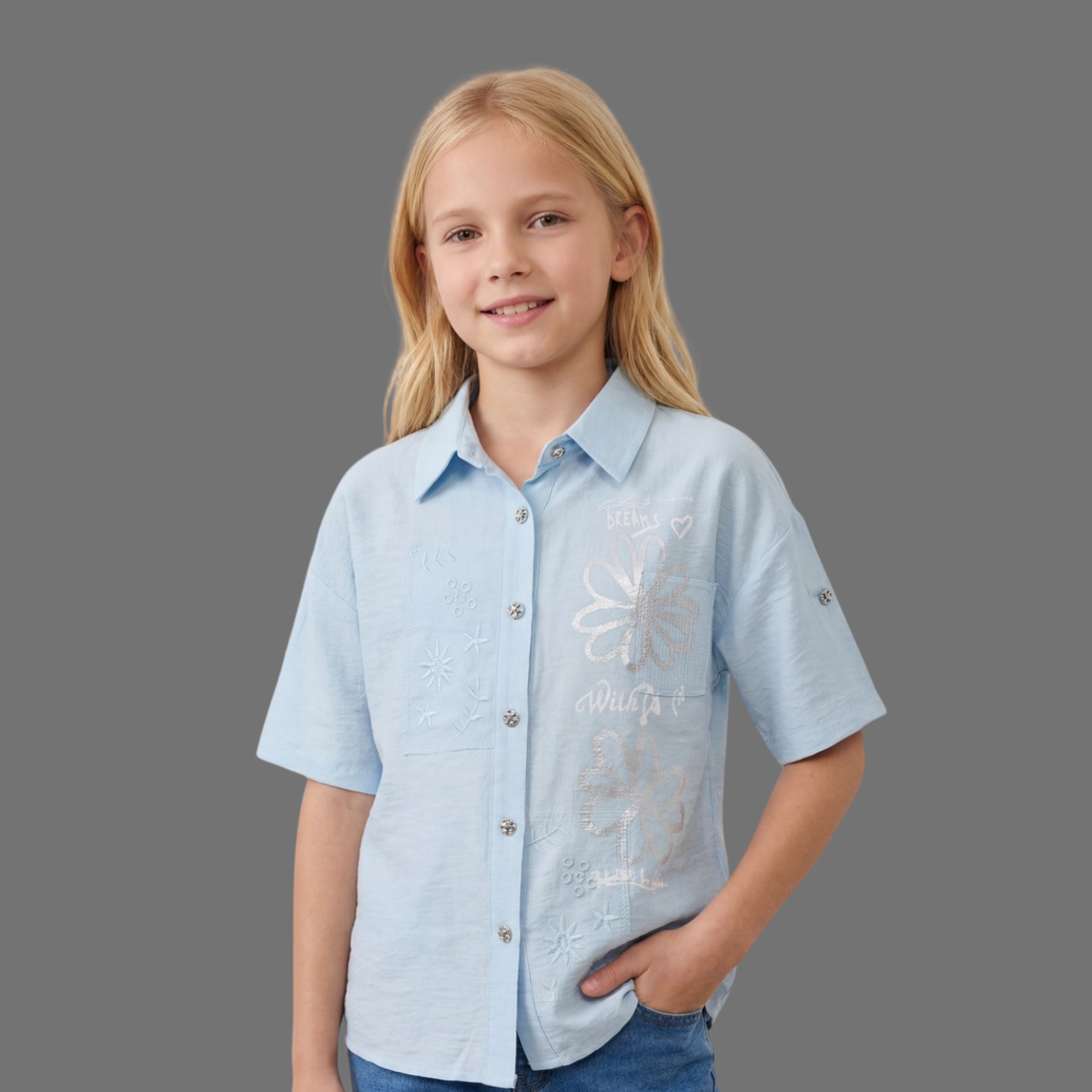 Girls Half Sleeve Blue Cotton Shirt