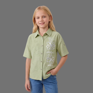 Girls Half Sleeve Green Cotton Shirt