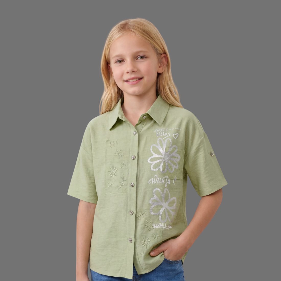 Girls Half Sleeve Green Cotton Shirt