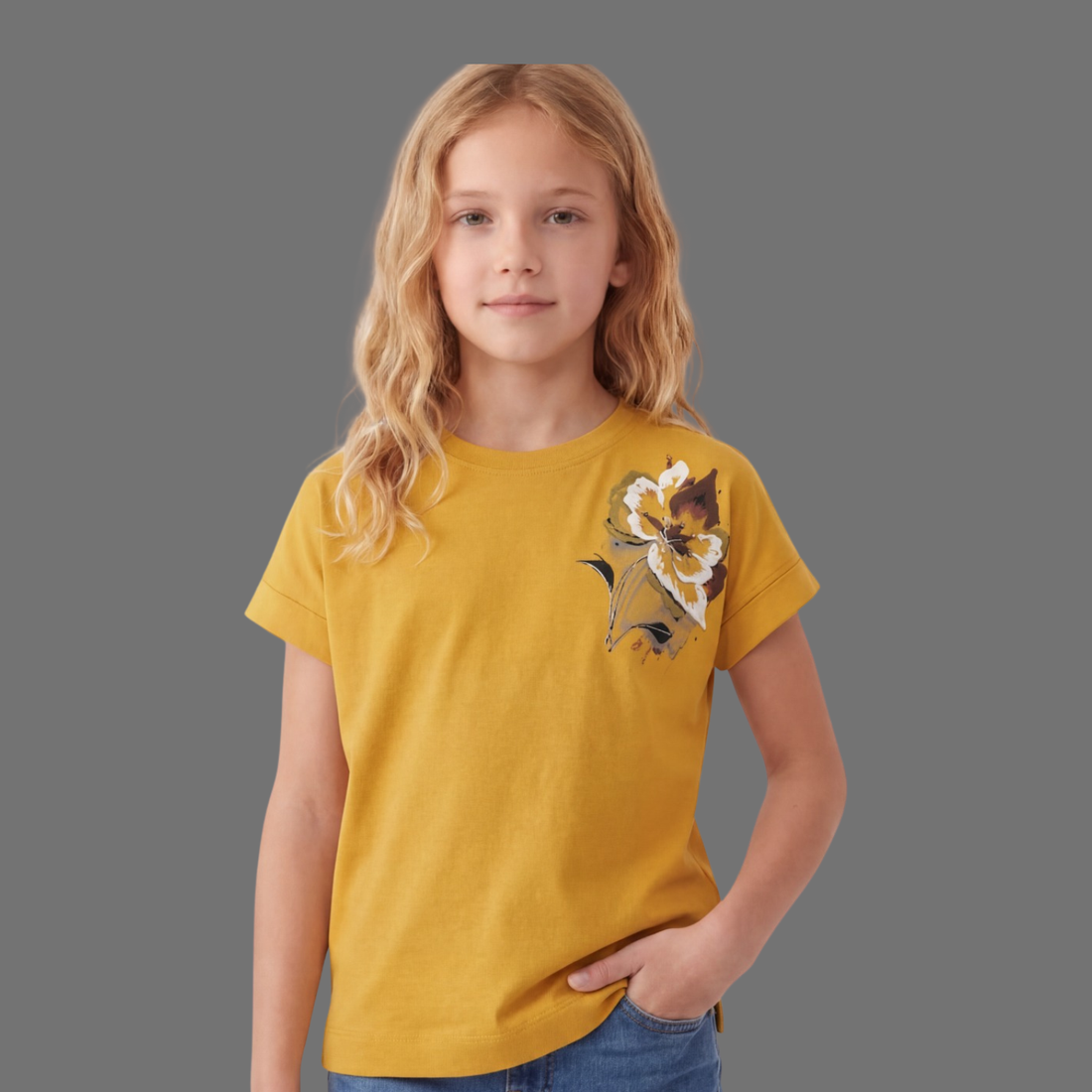 Girls Floral Print Round Neck T-shirt