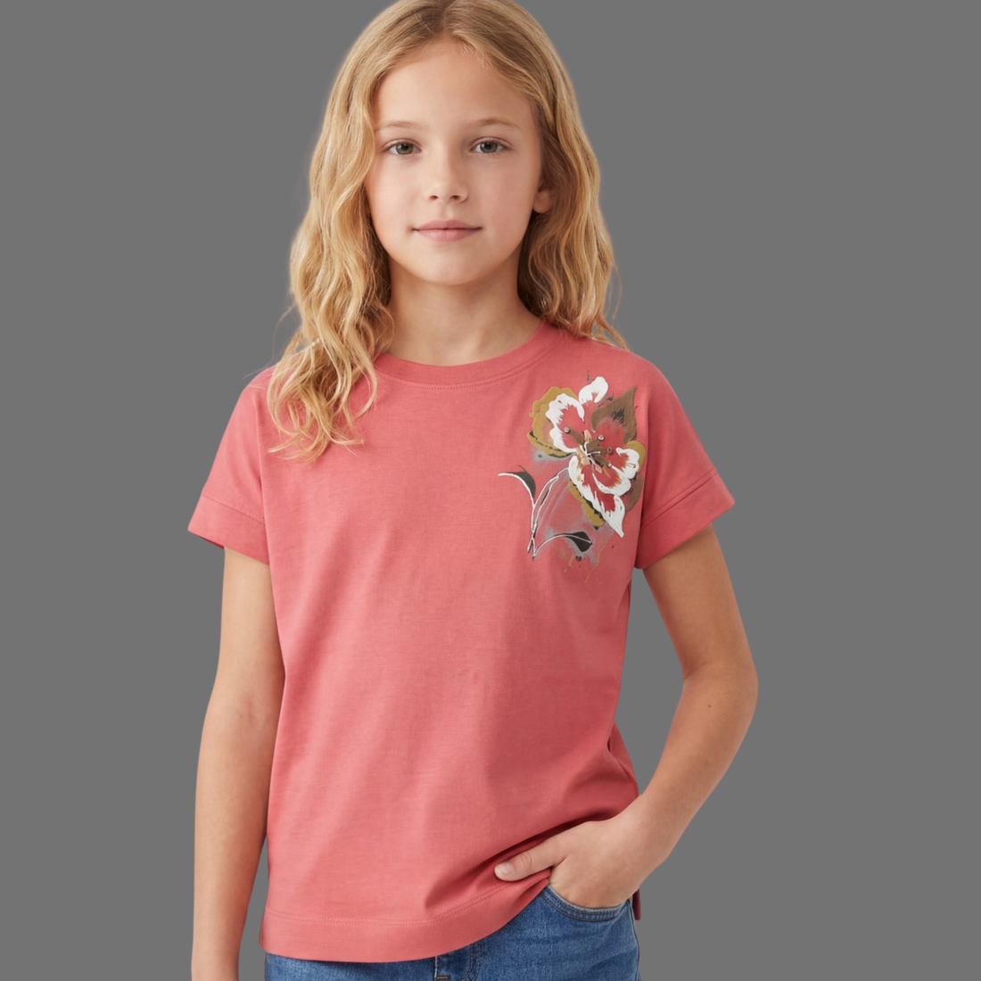 Girls Floral Print Round Neck T-shirt