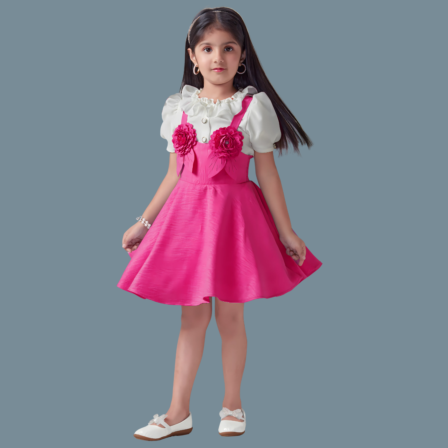 Pink Floral Embellished Frock For Girls