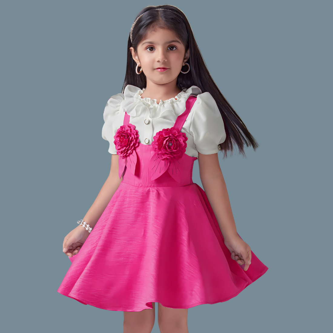 Pink Floral Embellished Frock For Girls