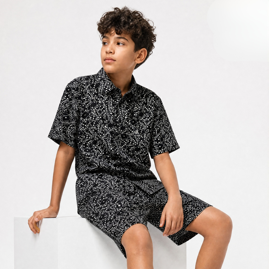 Kids Black Printed Shirt & Shorts Co-ord Set