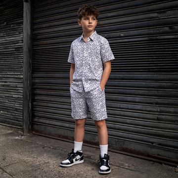 Kids White Printed Shirt & Shorts Co-ord Set