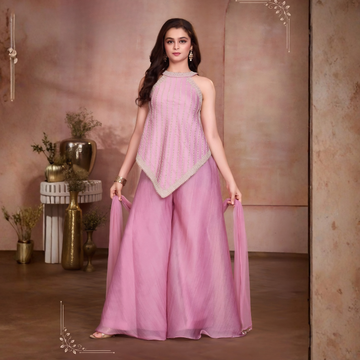 Designer Embroidered Peplum Kurta Palazzo Set Pink