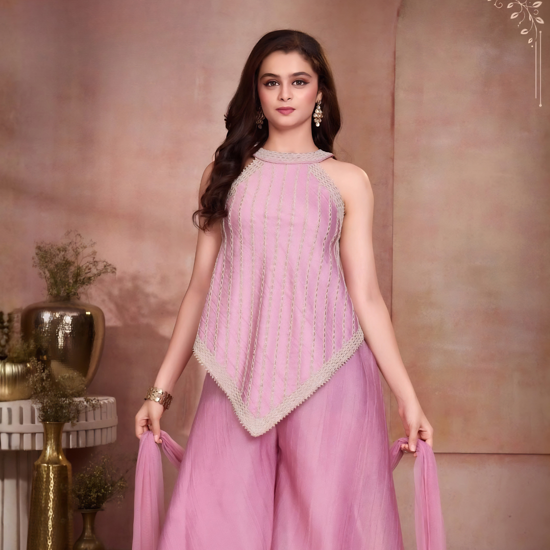Designer Embroidered Peplum Kurta Palazzo Set Pink