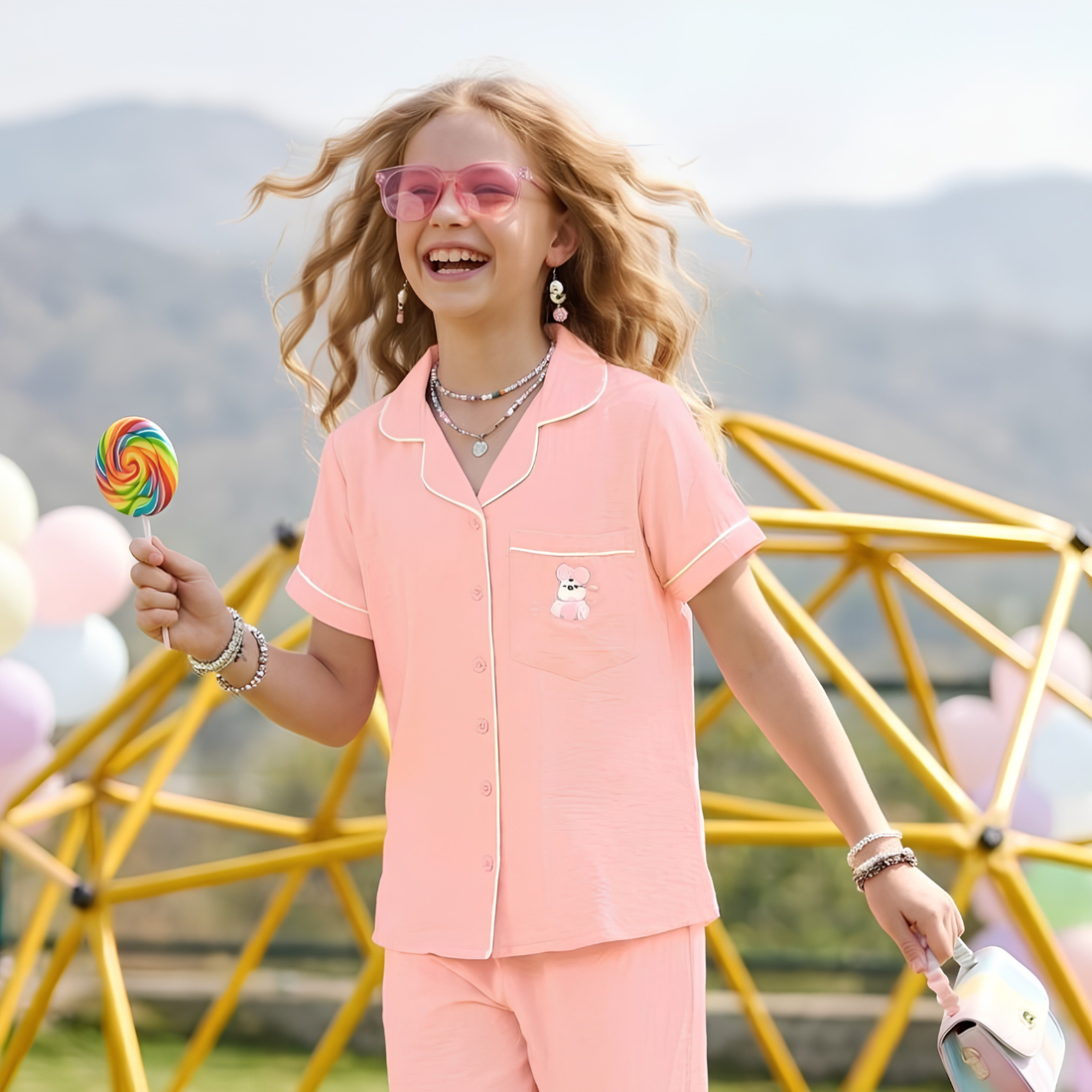 Girls Trendy Pink Night Suit Co-Ord Set