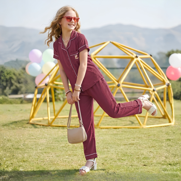 Girls Trendy Maroon Night Suit Co-Ord Set