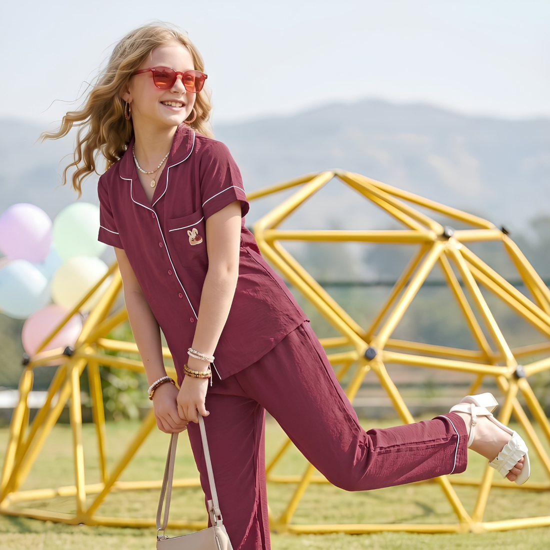 Girls Trendy Maroon Night Suit Co-Ord Set