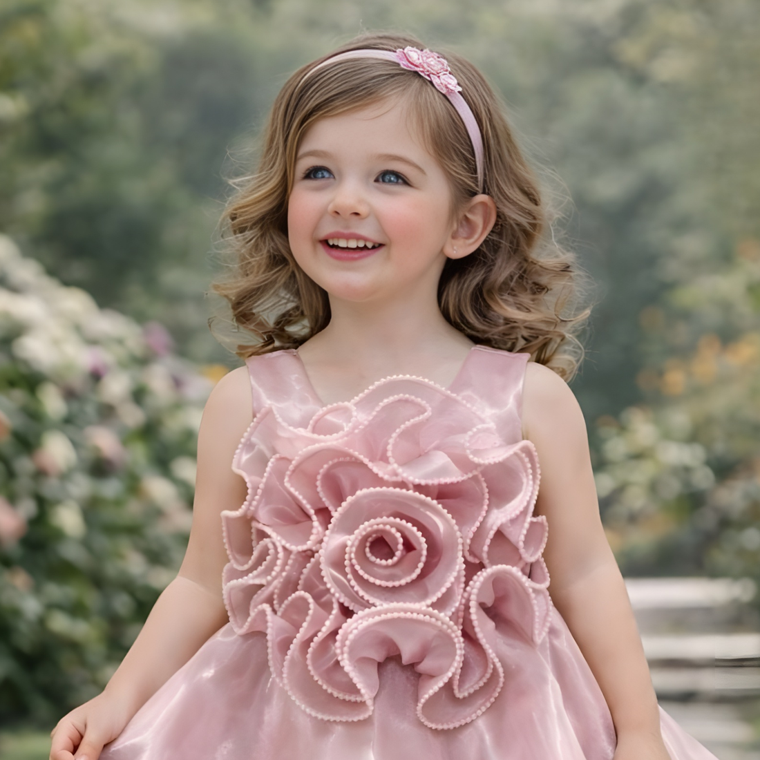 Green Organza 3D Rose Frock For Girls