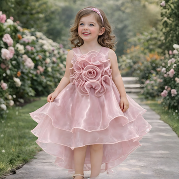 Green Organza 3D Rose Frock For Girls
