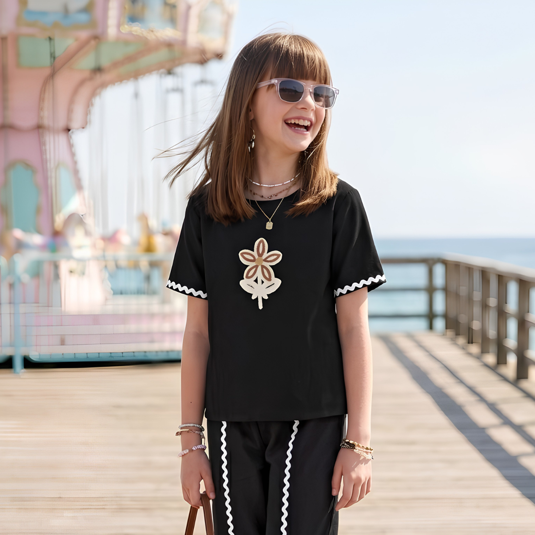 Girls Trendy Black Night Suit Co-Ord Set