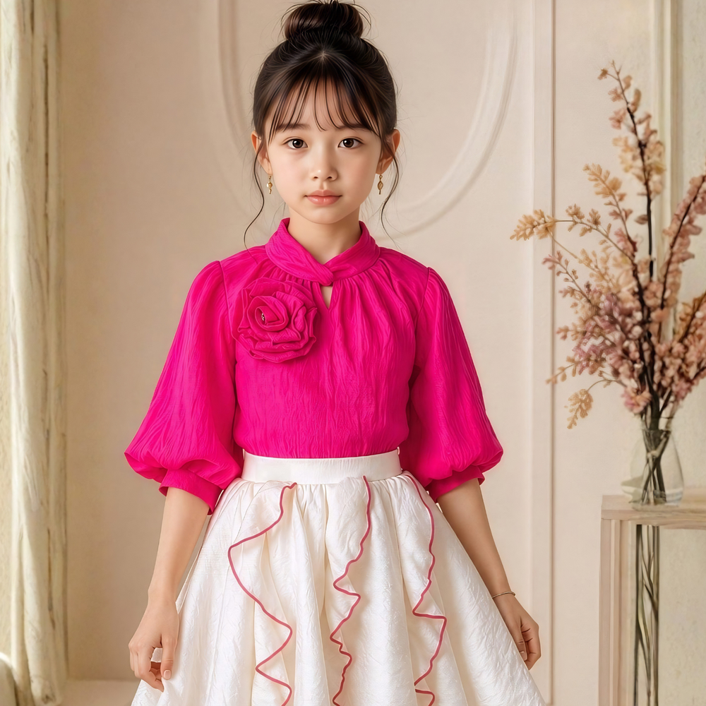 Girls rani pink top and white skirt set full view