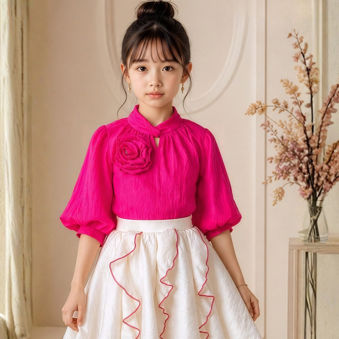 Girls rani pink top and white skirt set full length
