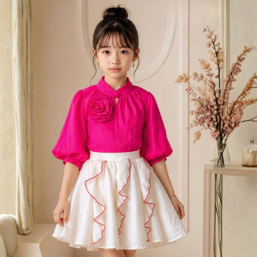 Girls rani pink top and white skirt set full length