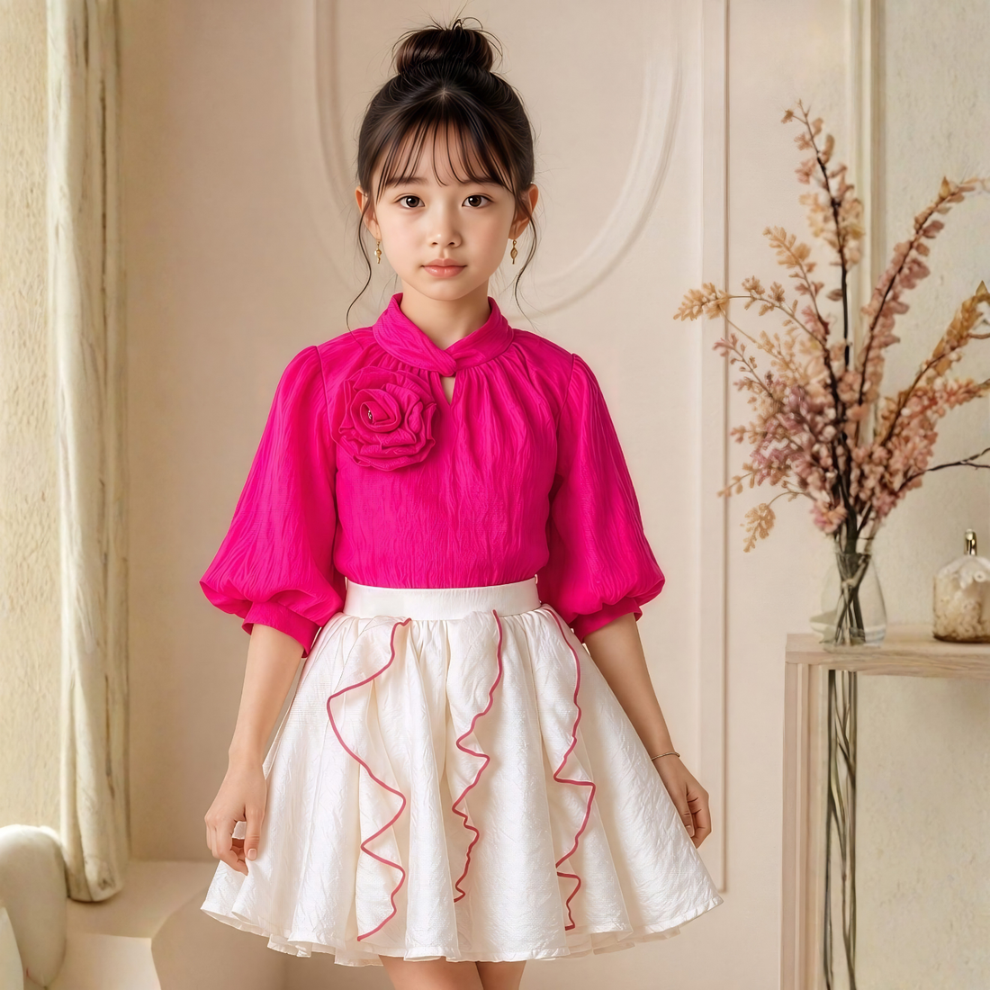 Girls rani pink top and white skirt set full length