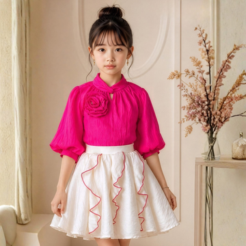Girls rani pink top and white skirt set full length