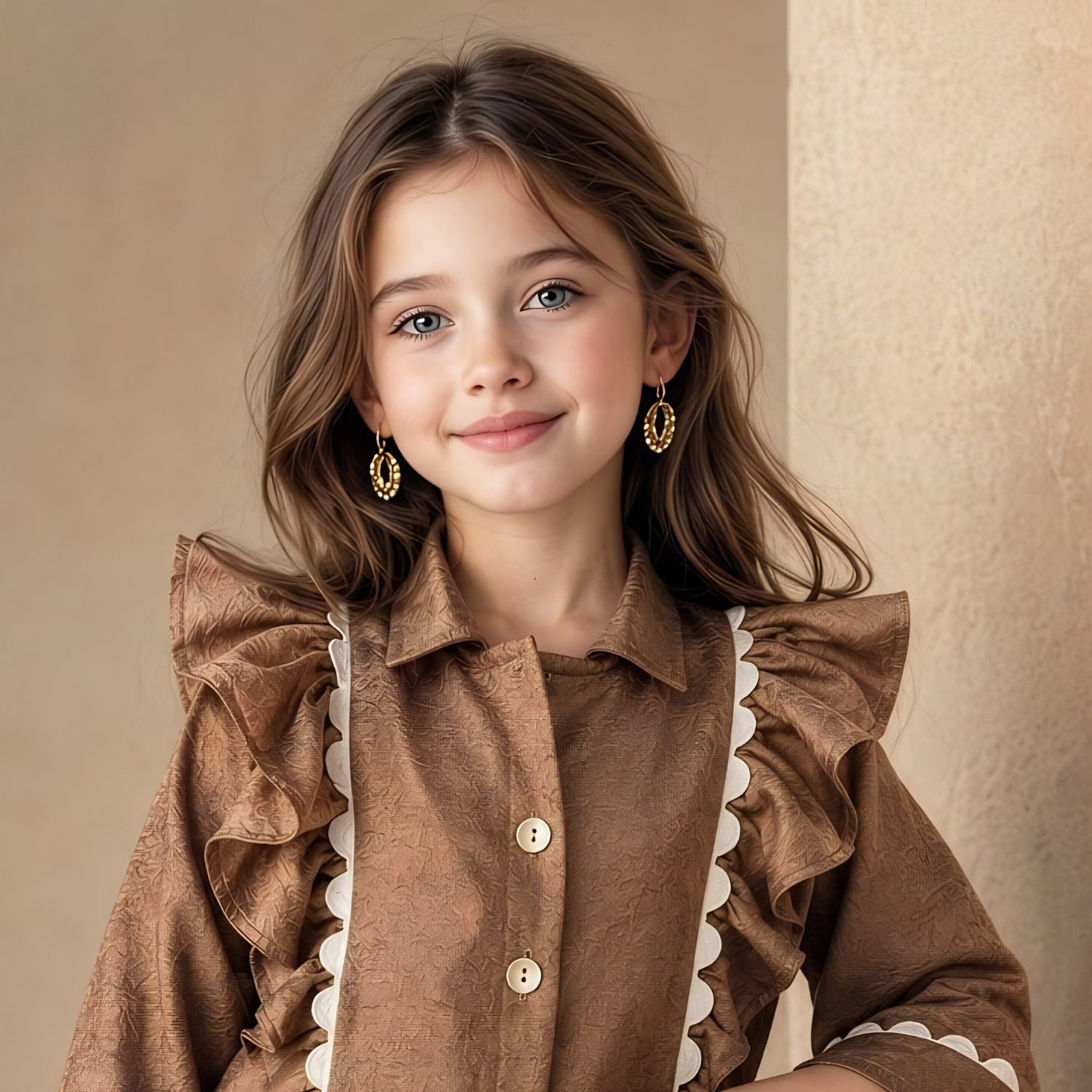 Girls brown ruffle jacket and printed skirt set detail
