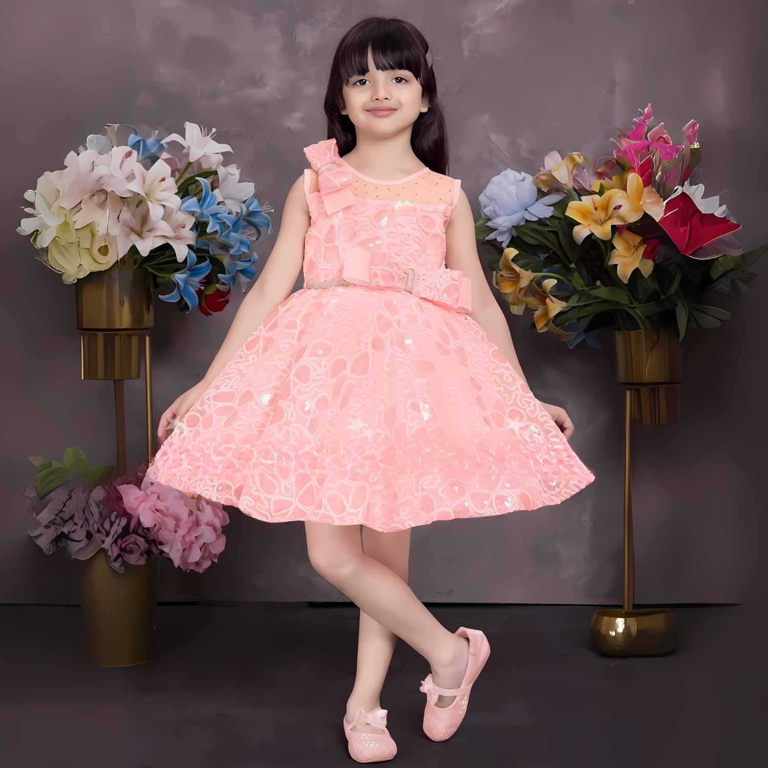 Girls Peach Party Frock With Self Design