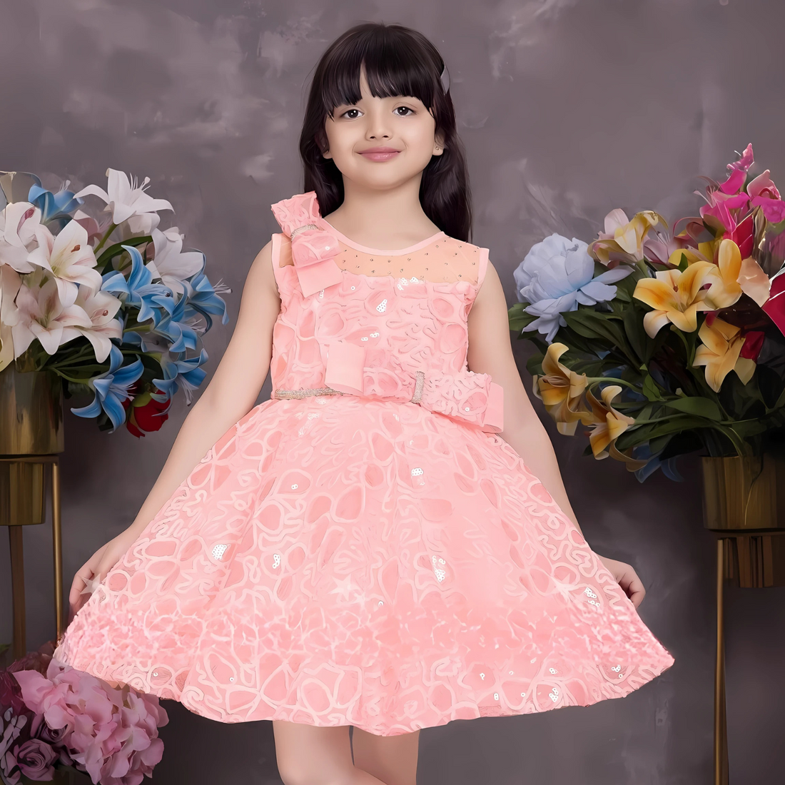 Girls Peach Party Frock With Self Design