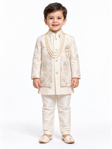 Boys Cream Floral Embroidered Jacket, Kurta and Trousers Set