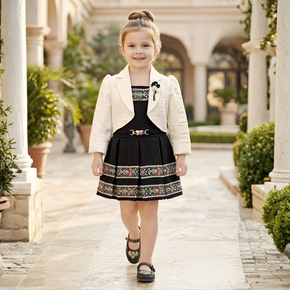 Stylish Black Skirt Top Set And Overcoat For Girls